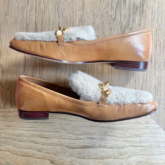 $388 TORY BURCH Jessa Shearling Loafer Tan Leather Gold Horsehead Buckle Sz 8 - Picture 12 of 14